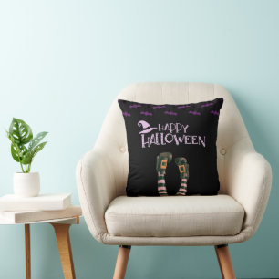 Happy Halloween Bats Witches Socks Black Halloween Cushion