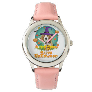 Happy Halloween Beagle Dog Witch Pumpkin Ghost Cut Watch