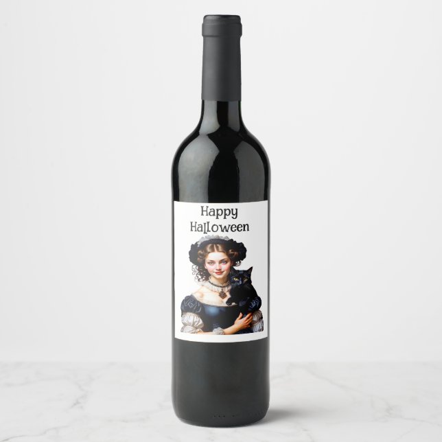 Happy Halloween Beautiful Witch And Her Black Cat Wine Label (Front)