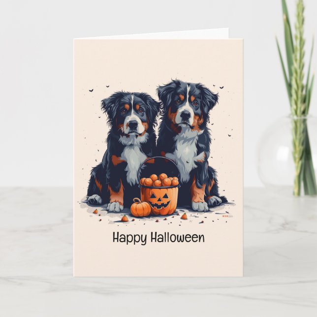 Happy Halloween Bernese Mountain Dogs Pumpkin Holiday Card (Front)