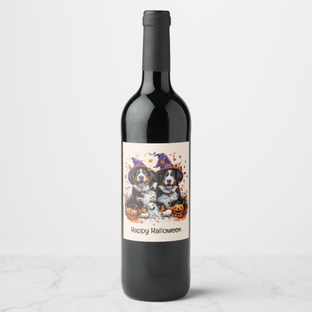 Happy Halloween Bernese Mountain Dogs Wine Label (Front)
