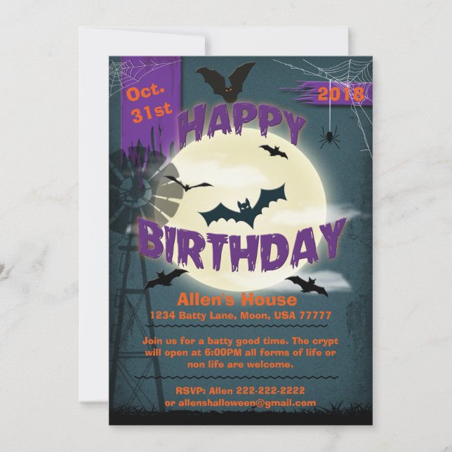 Happy Halloween Birthday Batty Moonlight Party 5x7 Invitation (Front)