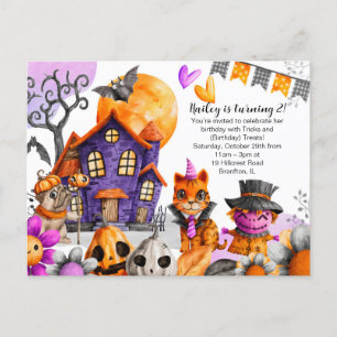 Happy Halloween Birthday - Cat, Pug, Scarecrow Postcard