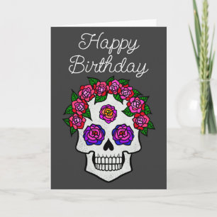 Happy Halloween Birthday Skull with Roses Card