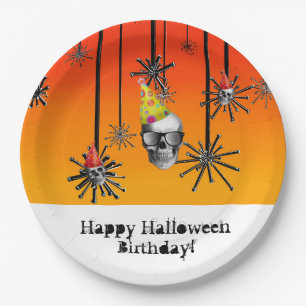 Happy Halloween Birthday skulls in party hats Paper Plate