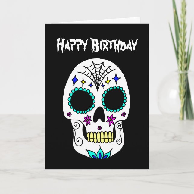 Happy Halloween Birthday Sugar Skull Card (Front)