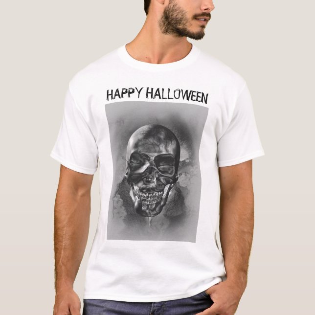 Happy Halloween. Black and white skull design T-Shirt (Front)