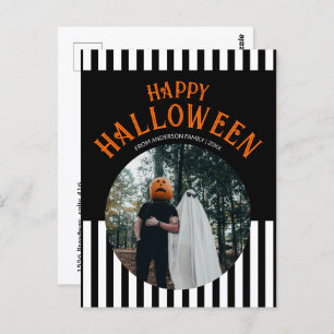 Happy Halloween Black and White Striped Photo Postcard