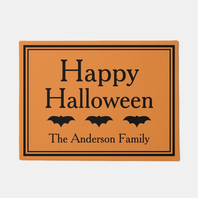 Happy Halloween Black Bats & Orange | Personalised Doormat (Front)