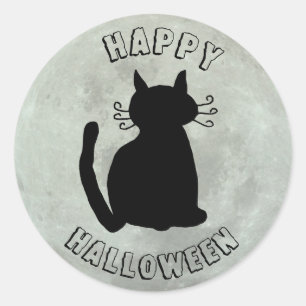 Happy Halloween Black Cat and Full Moon Classic Round Sticker