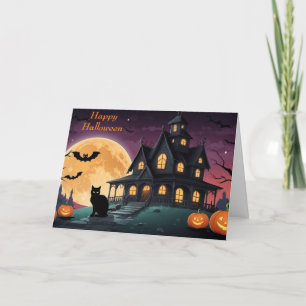 Happy Halloween Black Cat and Haunted House  Holiday Card