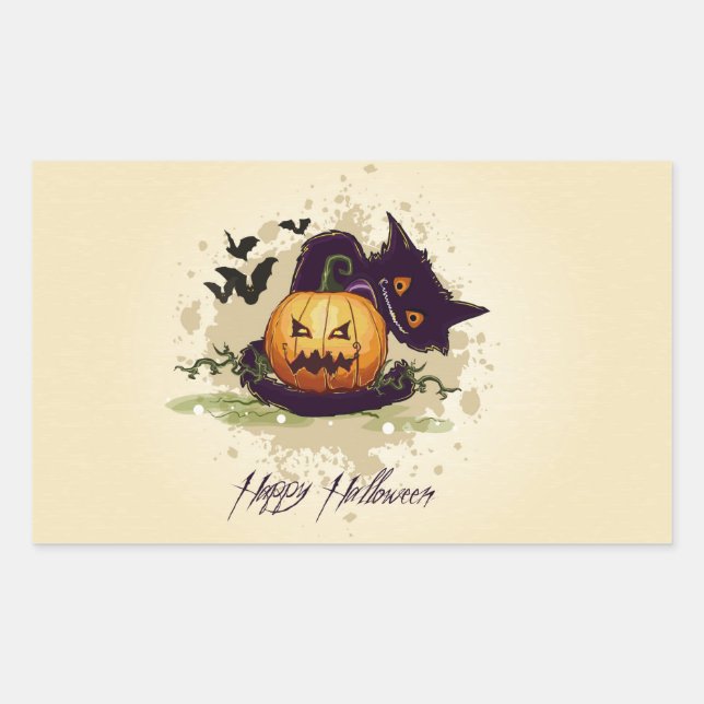 Happy Halloween Black Cat and Jack Rectangular Sti Sticker (Front)