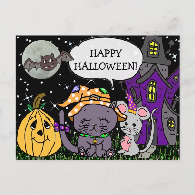 Happy Halloween Black Cat and Mouse Cute Postcard (Front)