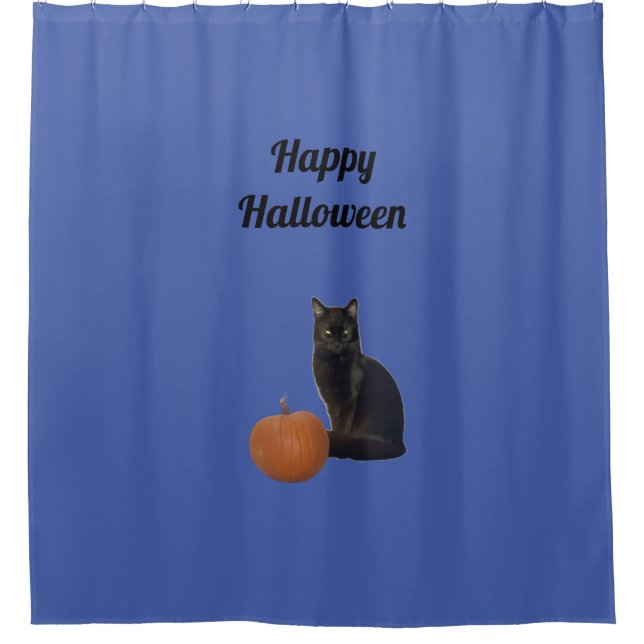 Happy Halloween Black Cat and Orange Pumpkin Blue Shower Curtain (Front)