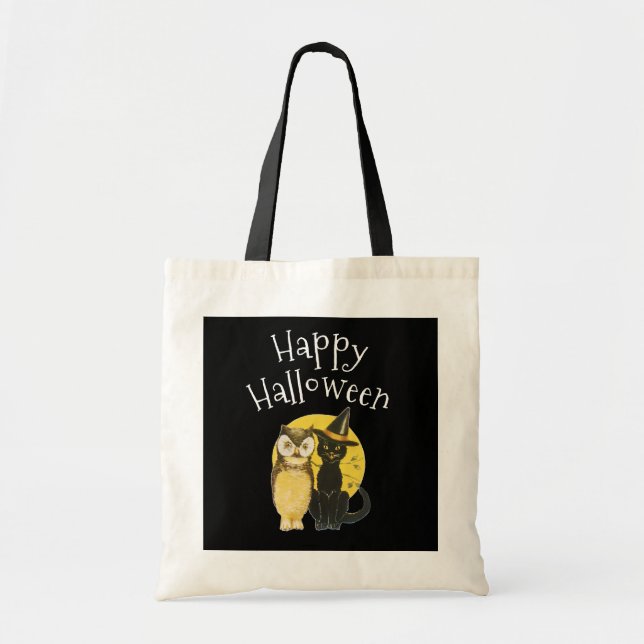 Happy Halloween, Black Cat and Owl Tote Bag (Front)