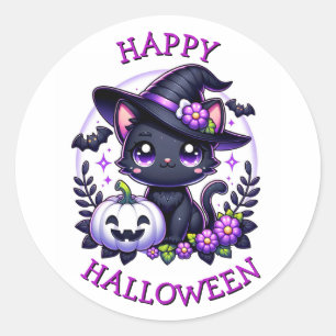 Happy Halloween Black Cat and Pumpkin Classic Round Sticker
