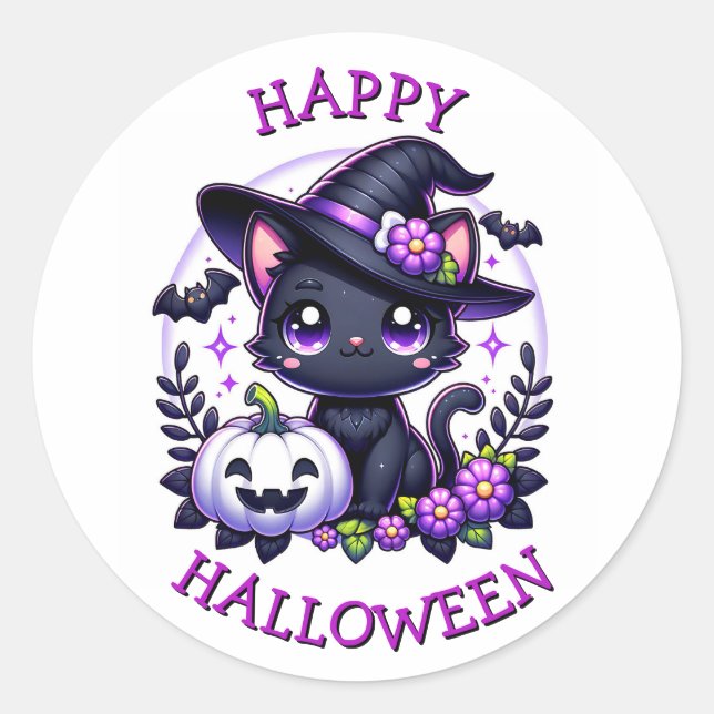 Happy Halloween Black Cat and Pumpkin Classic Round Sticker (Front)