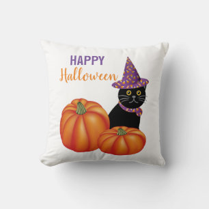 Happy Halloween Black Cat and Pumpkins Decorative Cushion