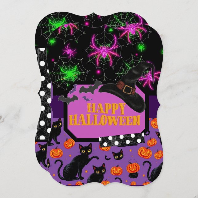Happy Halloween Black Cat and Spiderweb Invitation (Front/Back)