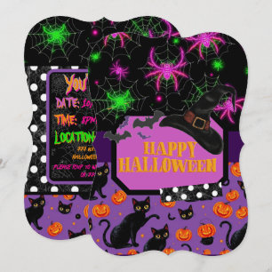 Happy Halloween Black Cat and Spiderweb Invitation