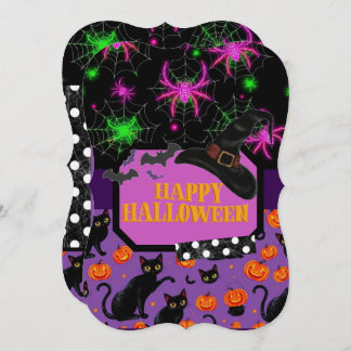 Happy Halloween Black Cat and Spiderweb Invitation