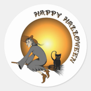 Happy Halloween Black Cat and Witch Classic Round Sticker
