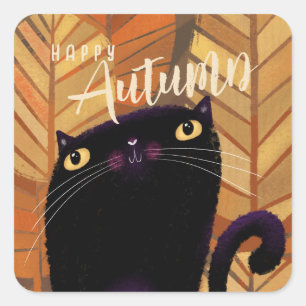 Happy Halloween Black Cat Autumn Fall Square Sticker