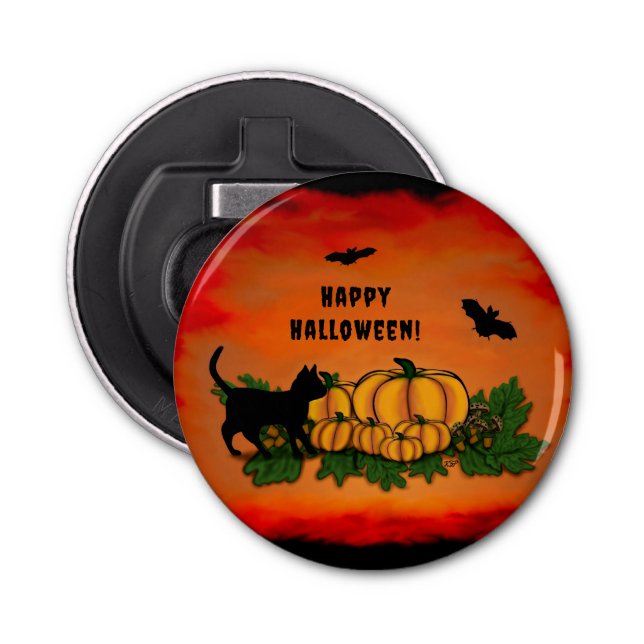 Happy Halloween , Black Cat , Bat and Pumpkin Bottle Opener (Front)