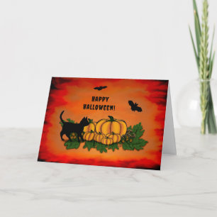Happy Halloween , Black Cat , Bat and Pumpkin Card