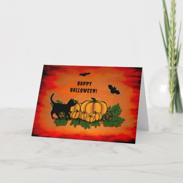 Happy Halloween , Black Cat , Bat and Pumpkin Card (Front)