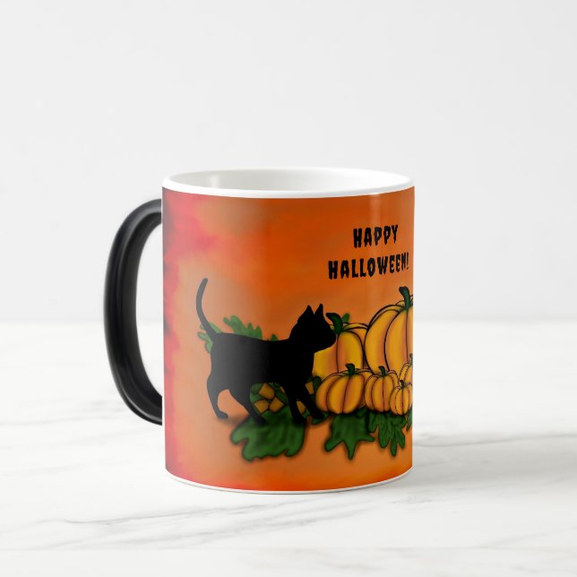 Happy Halloween , Black Cat , Bat and Pumpkin Magic Mug (Front Left)