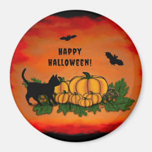 Happy Halloween , Black Cat , Bat and Pumpkin Magnet