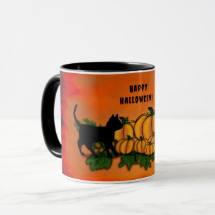 Happy Halloween , Black Cat , Bat and Pumpkin Mug