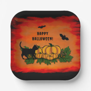 Happy Halloween , Black Cat , Bat and Pumpkin Paper Plate