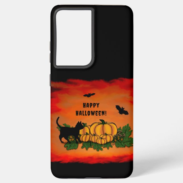 Happy Halloween , Black Cat , Bat and Pumpkin Samsung Galaxy S21 Ultra Case (Back)