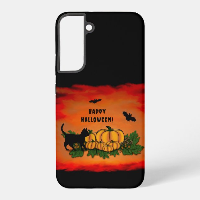 Happy Halloween , Black Cat , Bat and Pumpkin Samsung Galaxy S22+ Case (Back)