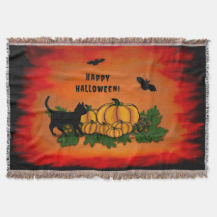 Happy Halloween , Black Cat , Bat and Pumpkin Throw Blanket