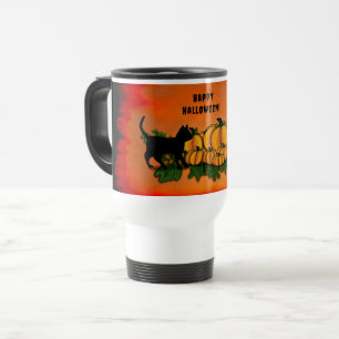Happy Halloween , Black Cat , Bat and Pumpkin Travel Mug