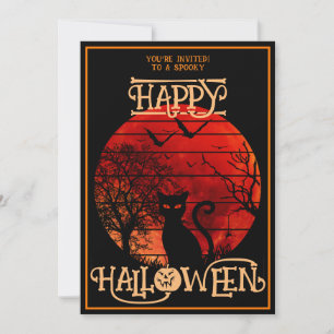 Happy Halloween Black  Cat Bat Costume Party Invitation