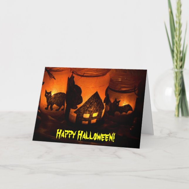 Happy Halloween Black Cat, Bat Haunted House, ZSSG Card (Front)