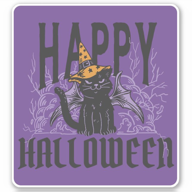 HAPPY HALLOWEEN BLACK CAT BAT WINGS  (Front)