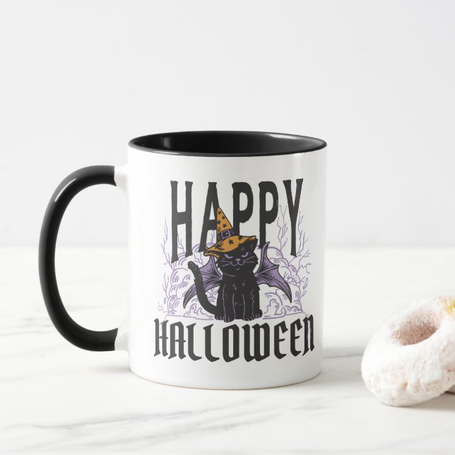 HAPPY HALLOWEEN BLACK CAT BAT WINGS  MUG (With Donut)
