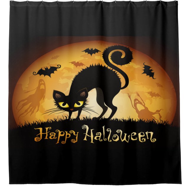 Happy Halloween Black Cat Bats And Ghost Shower Curtain (Front)