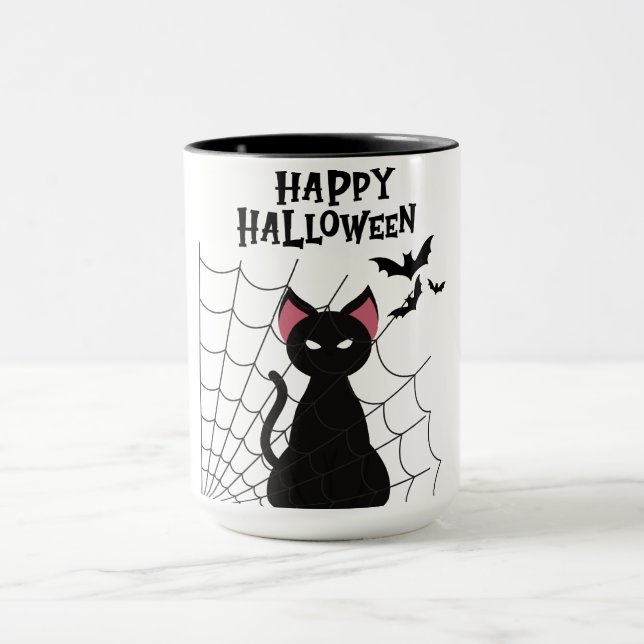HAPPY HALLOWEEN Black Cat, Bats and Web. Mug (Center)