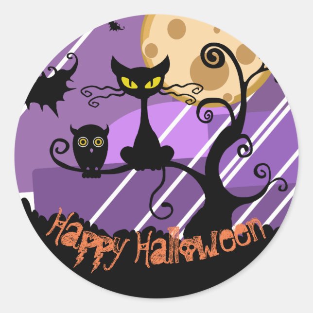 Happy Halloween Black Cat, Bats, Owl Sticker Sheet (Front)