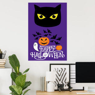 Happy Halloween black cat bats pumpkins on purple Poster