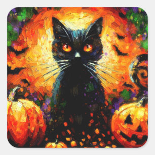 Happy Halloween Black Cat Bats Pumpkins Square Sticker