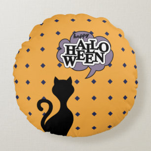 Happy halloween black cat cartoon round cushion