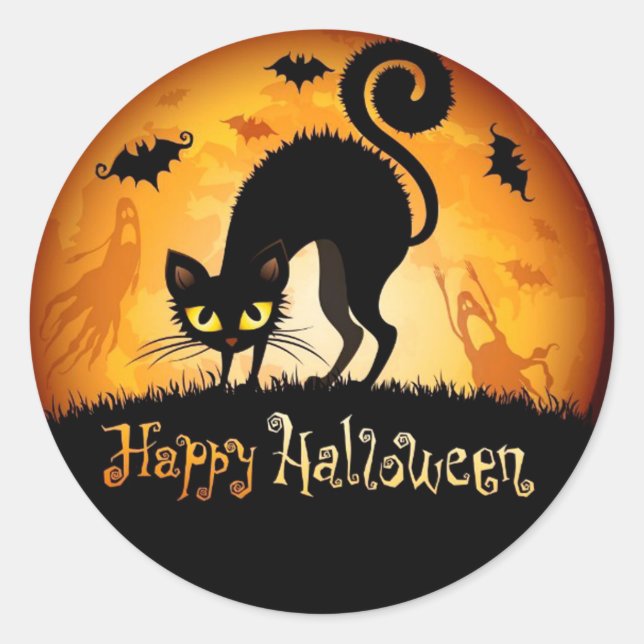 Happy Halloween Black Cat Classic Round Sticker (Front)