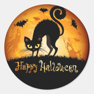 Happy Halloween Black Cat Classic Round Sticker